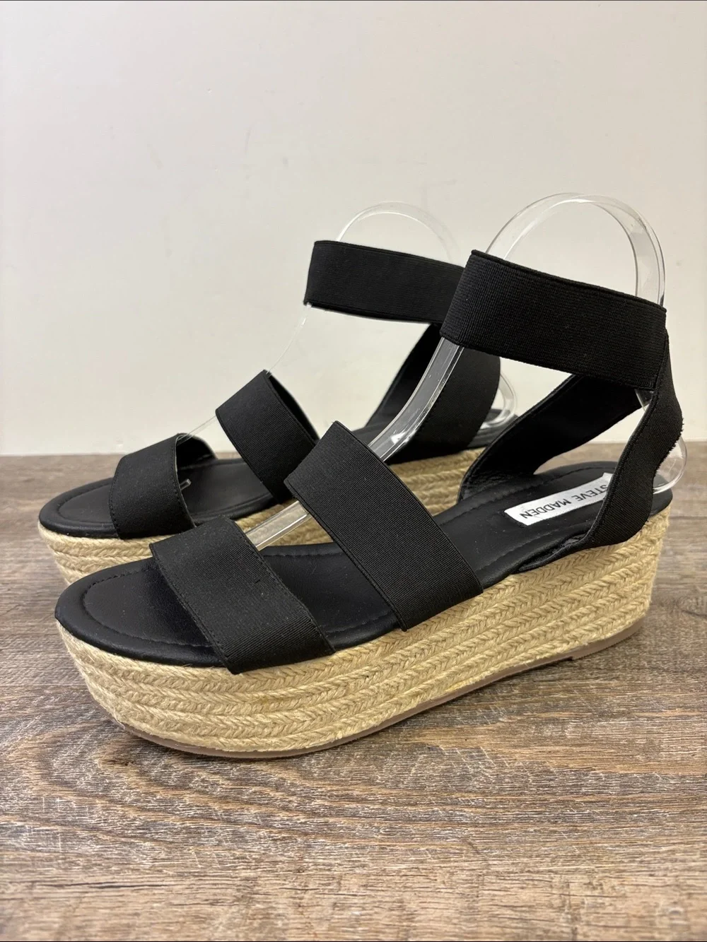 Steve Madden Kacia Black Espadrille Platform Wedge Sandals 9.5M